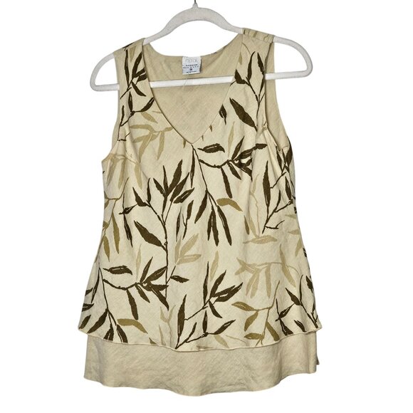 Click CMC Womens‎ Beige Tan & Olive Leaf Print Linen Tank Top Flowy Lagenlook - Picture 1 of 8